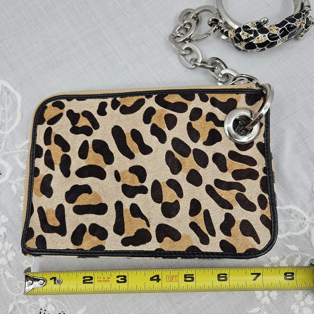 Leopard Print Cow Fur With Leopard‎ Rhinestone Bangle Zip Wristlet Tan & Black